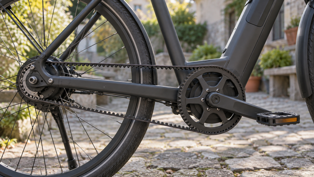 Gros plan sur la courroie crantée d’un vélo électrique urbain.
