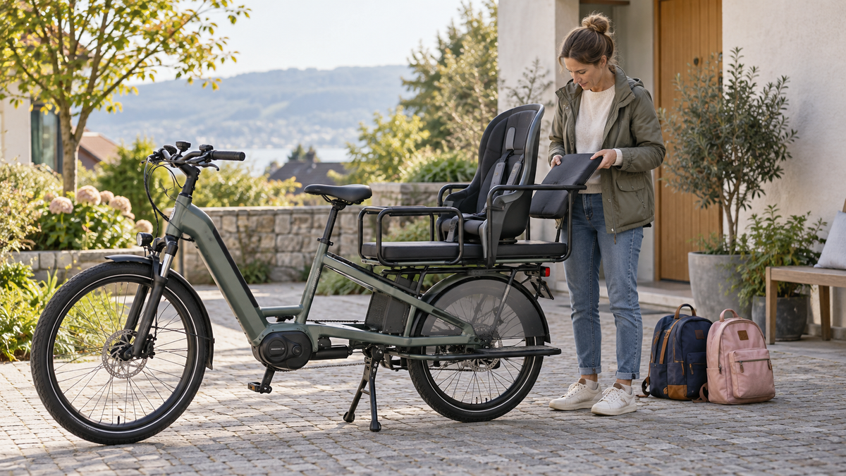Vélo cargo familial stationné, équipé d’un siège enfant et d’une place passager modulable.