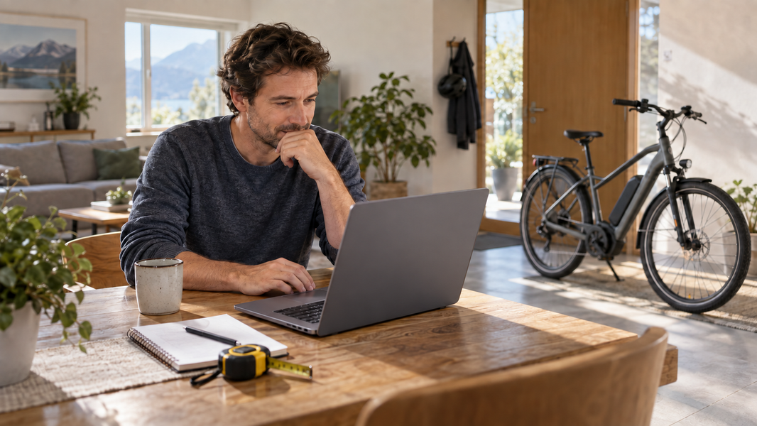 Une personne consulte son ordinateur à la maison, près d’un vélo électrique.