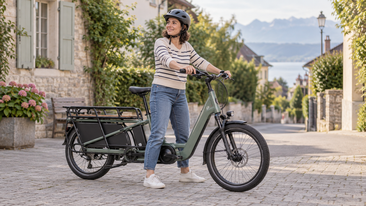 Adulte casquée à l’arrêt sur un vélo cargo à cadre bas, les deux pieds au sol