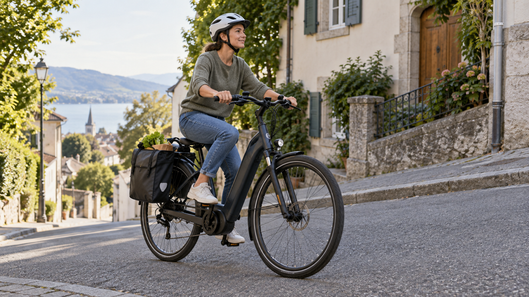 Cycliste casquée sur un vélo électrique chargé de courses dans une rue en pente