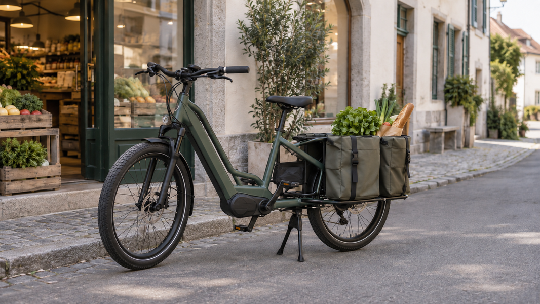 Vélo cargo électrique avec des sacs de courses devant une épicerie