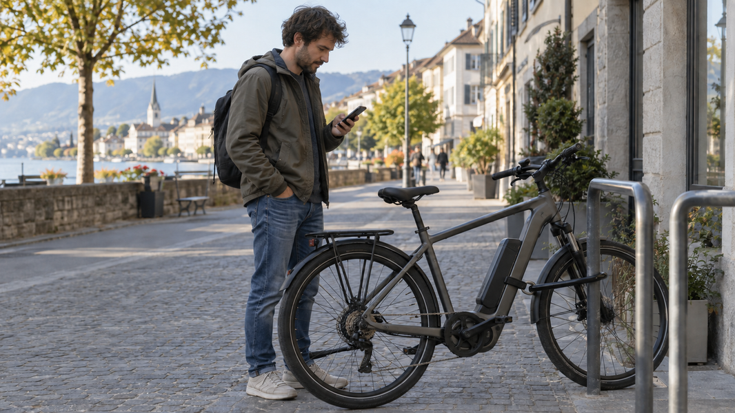 Une personne consulte son téléphone près de son vélo électrique attaché