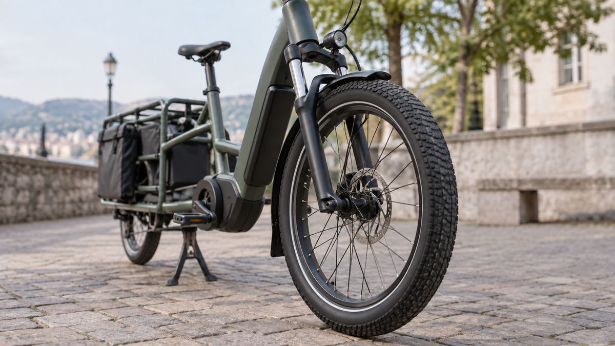 Détail du pneu, du frein à disque et de la fourche d’un vélo cargo