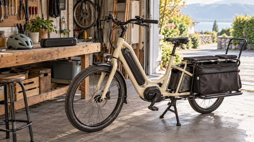 Vélo cargo électrique dans un atelier, avec une batterie installée et une batterie de rechange sur l’établi