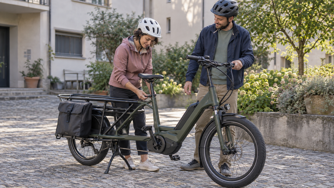 Deux adultes règlent la hauteur de selle d’un vélo cargo stationné dans une cour