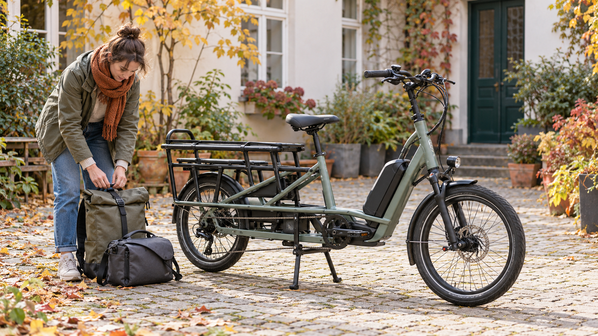 Un vélo cargo stationné dans une cour, avec deux sacs au sol à côté.