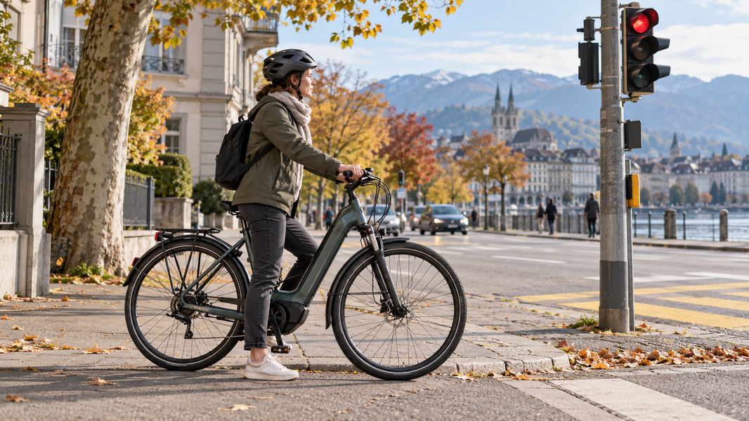 Une cycliste à l’arrêt sur un vélo électrique urbain près d’un feu en ville.