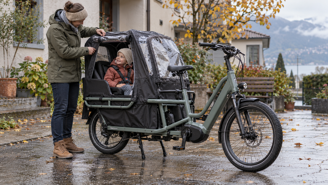 Une mère vérifie la cabine de pluie d’un vélo cargo stationné avec un enfant installé.