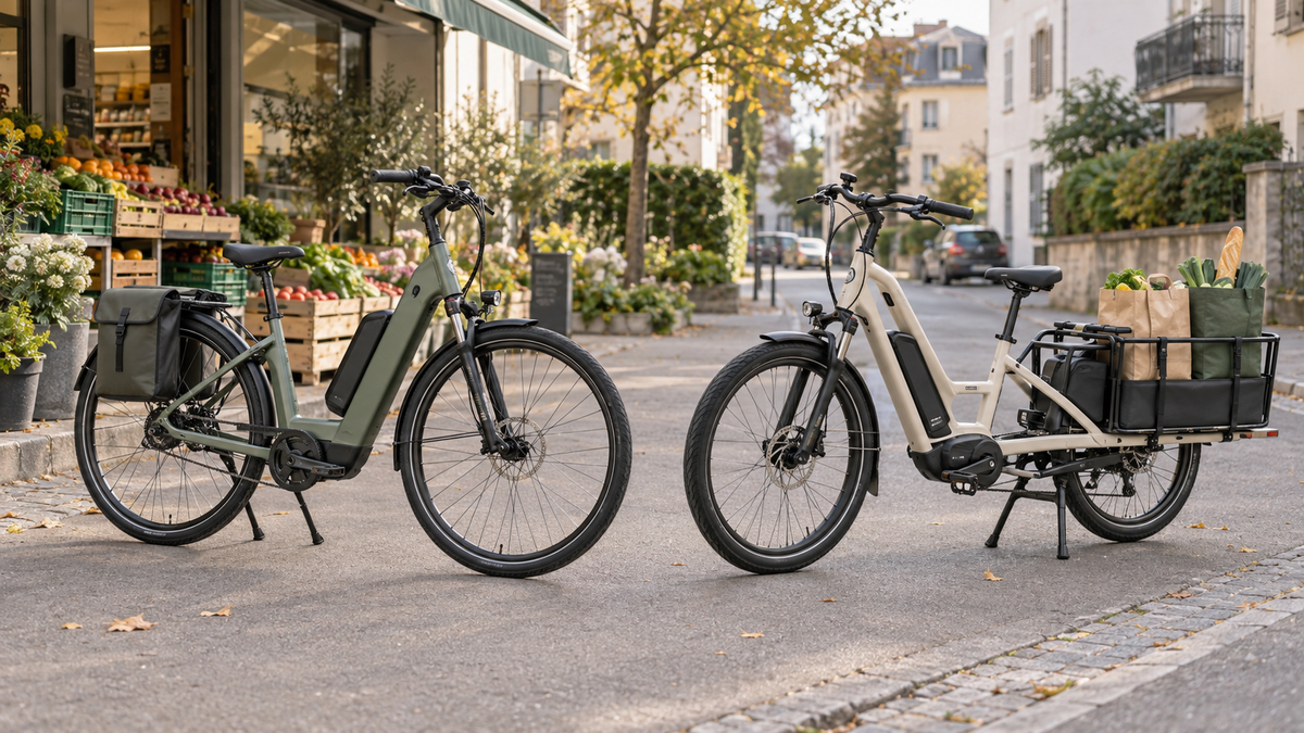 Illustration réaliste d’un vélo électrique urbain et d’un vélo cargo devant un commerce