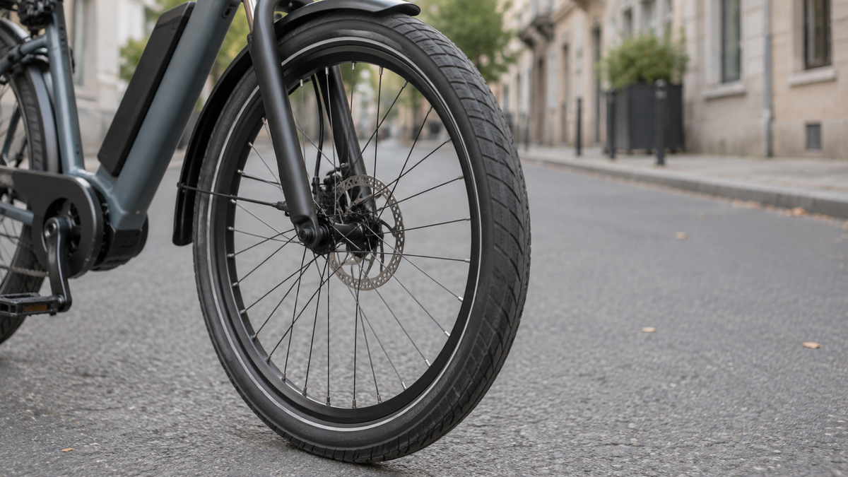 Gros plan sur le pneu avant d’un vélo électrique urbain.